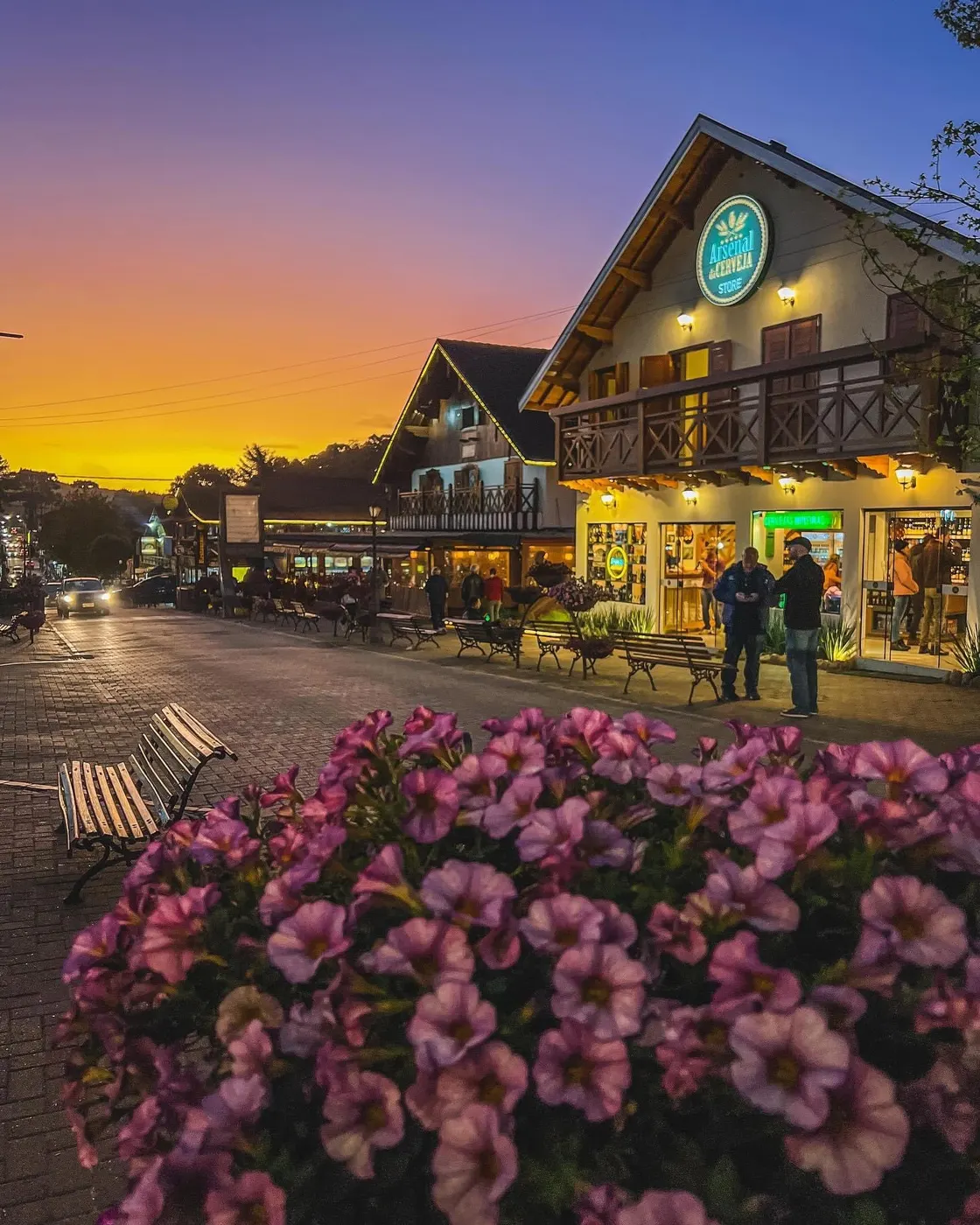 Avenida Monte Verde ao entardecer com construções em estilo alpino iluminadas, perto da Pousada Maple em Monte Verde MG