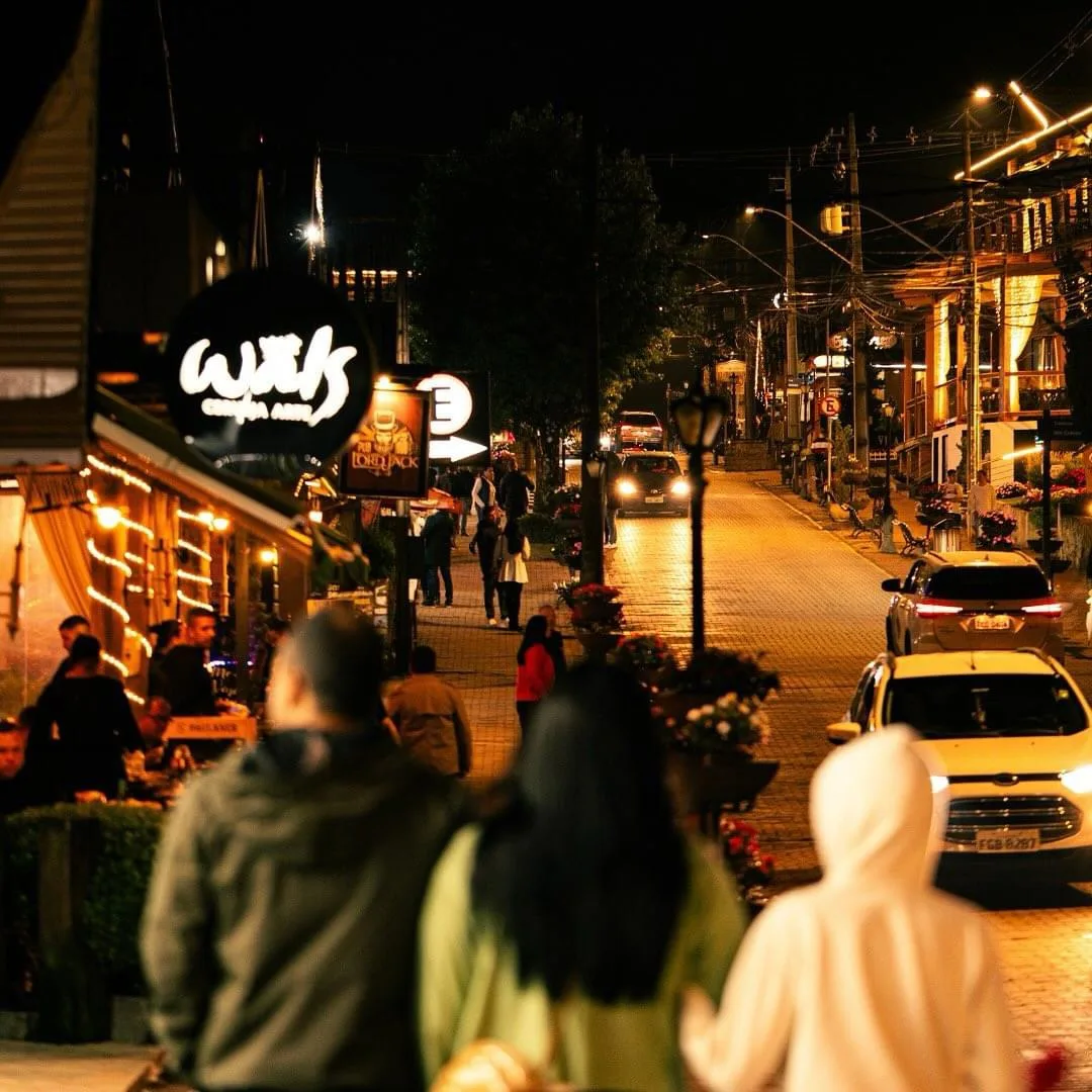 Avenida de Monte Verde MG iluminada à noite, com bares e restaurantes do centrinho